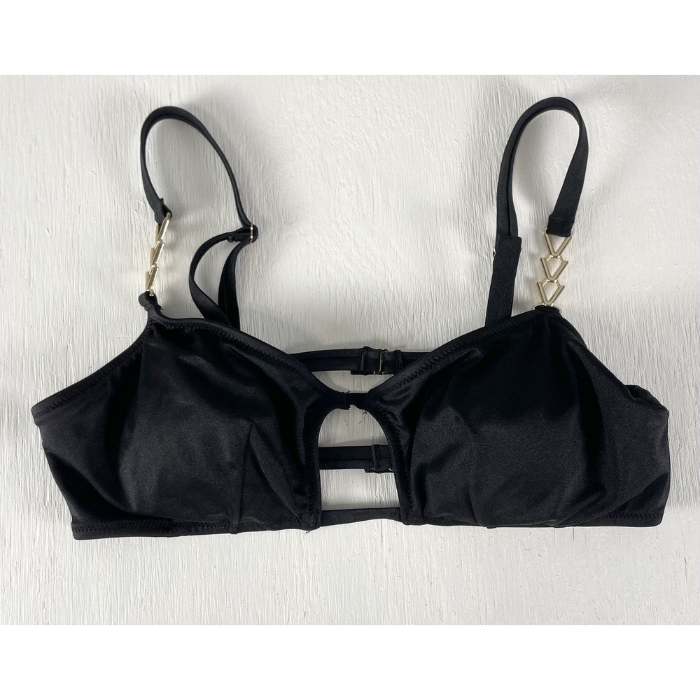 Victorias Secret‎ Black Large Cutout Metal Accent Bikini Top Swimsuit Metallic
